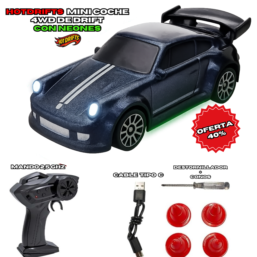 HotDrift™Neon Mini Coche RC 1/64 4WD con Luces LED